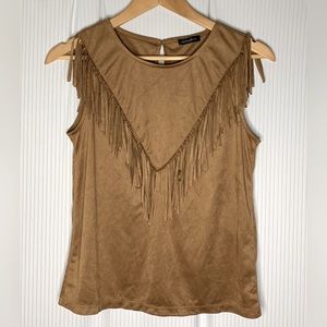 Dynamite - Camel Brown Tank Top With Fringe Detail And Keyhole On Back - Small